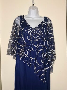 SLNY V-Neck Popover Gown with Asymmetric Glitter Floral Cape